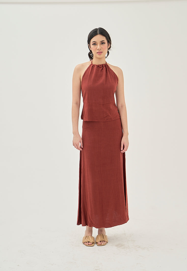 Aidy Burgandy Zipper Fly Raw Hem Midi Skirt