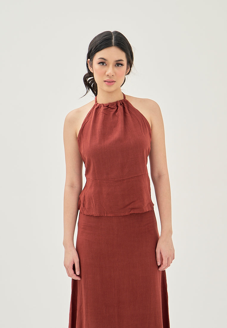 Aidy Burgandy Zipper Fly Raw Hem Midi Skirt