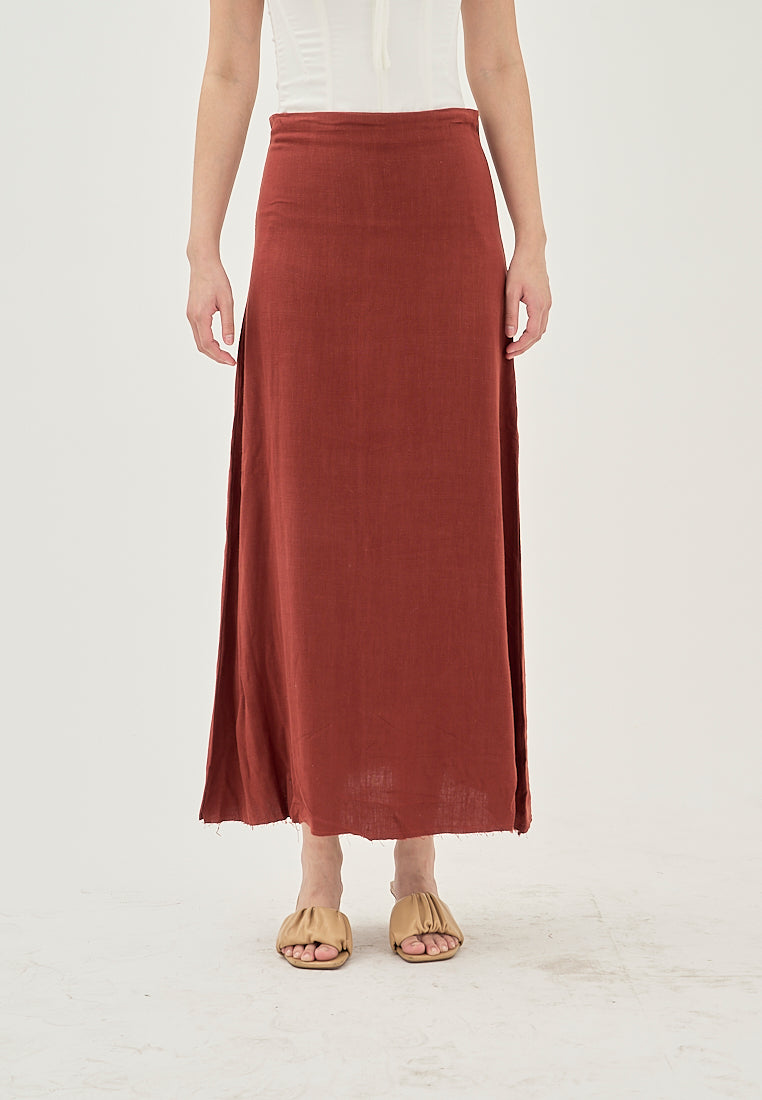 Aidy Burgandy Zipper Fly Raw Hem Midi Skirt