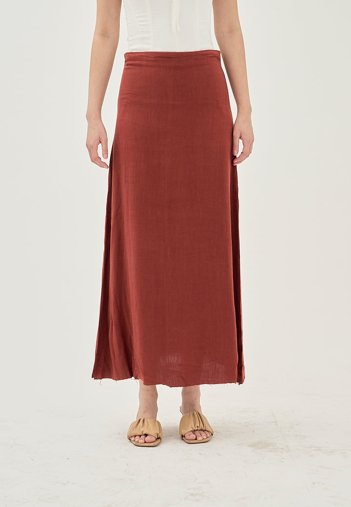 Aidy Burgandy Zipper Fly Raw Hem Midi Skirt