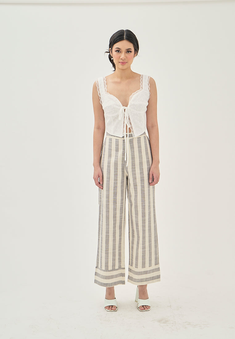 Miara Grey and White Stripes Elastic Wasit Straight Cut Trouser Pants