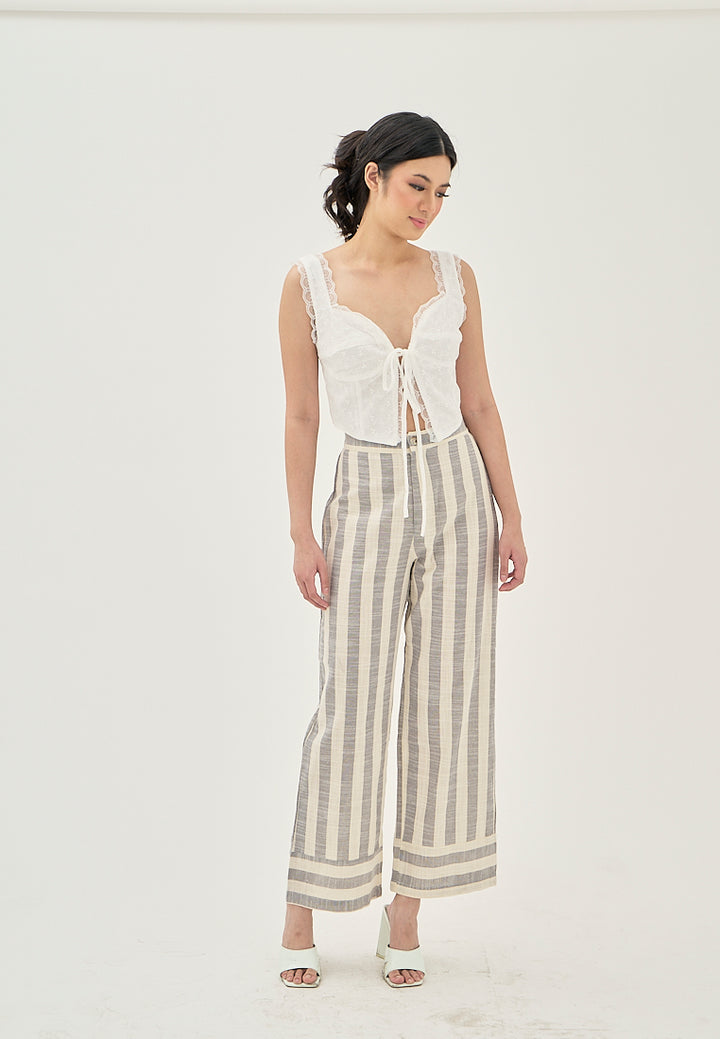 Miara Grey and White Stripes Elastic Wasit Straight Cut Trouser Pants