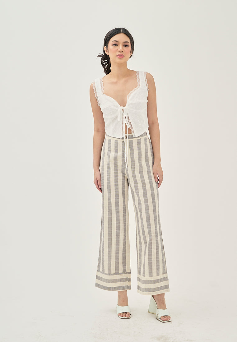 Miara Grey and White Stripes Elastic Wasit Straight Cut Trouser Pants