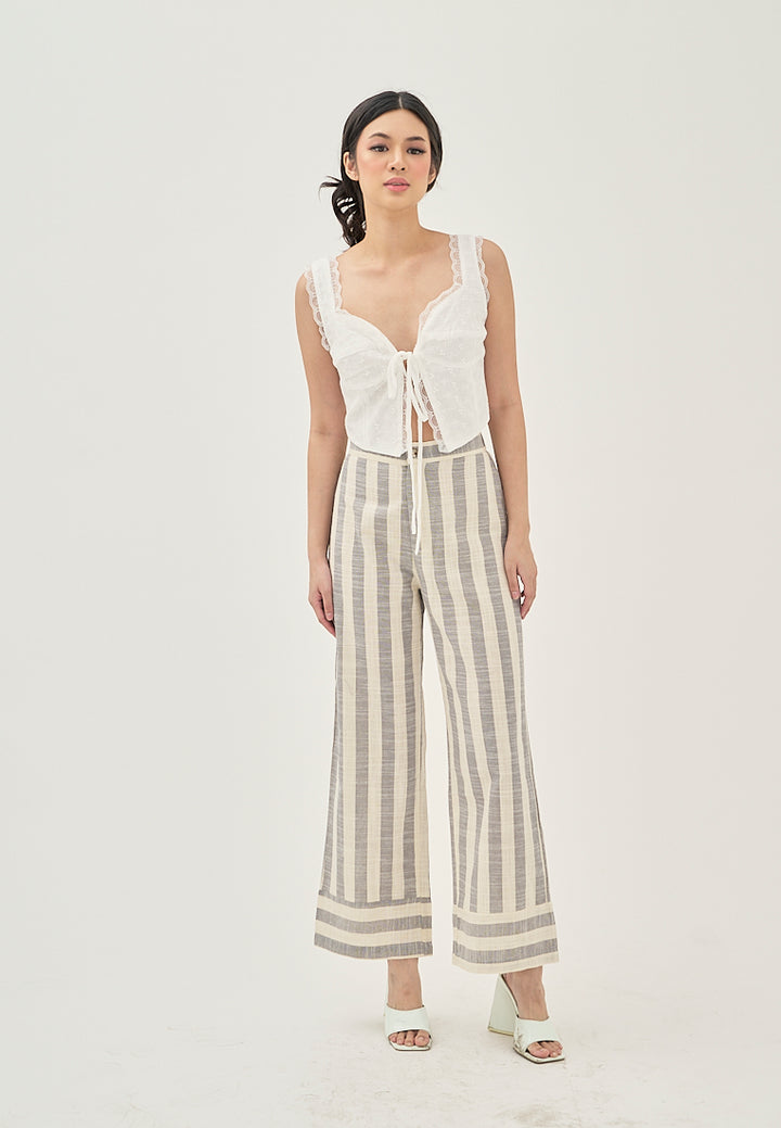 Miara Grey and White Stripes Elastic Wasit Straight Cut Trouser Pants