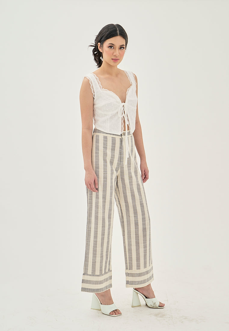 Miara Grey and White Stripes Elastic Wasit Straight Cut Trouser Pants