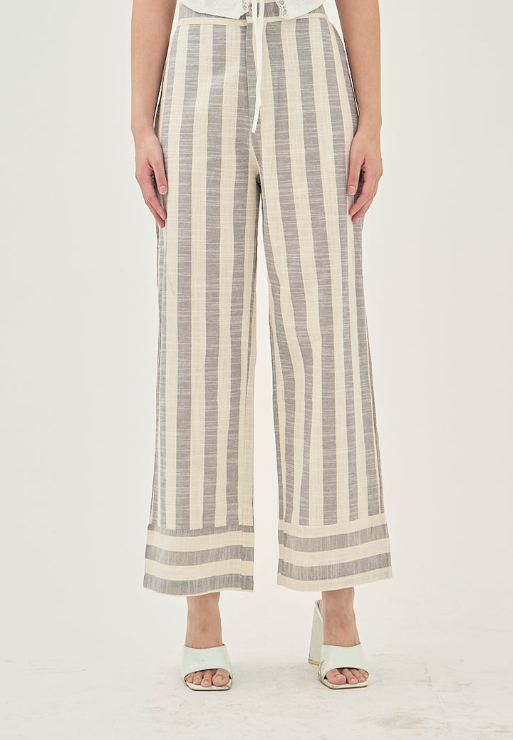 Miara Grey and White Stripes Elastic Wasit Straight Cut Trouser Pants