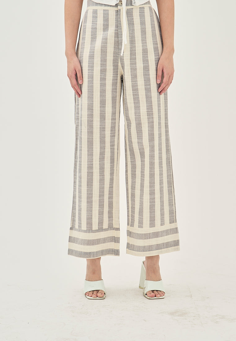 Miara Grey and White Stripes Elastic Wasit Straight Cut Trouser Pants