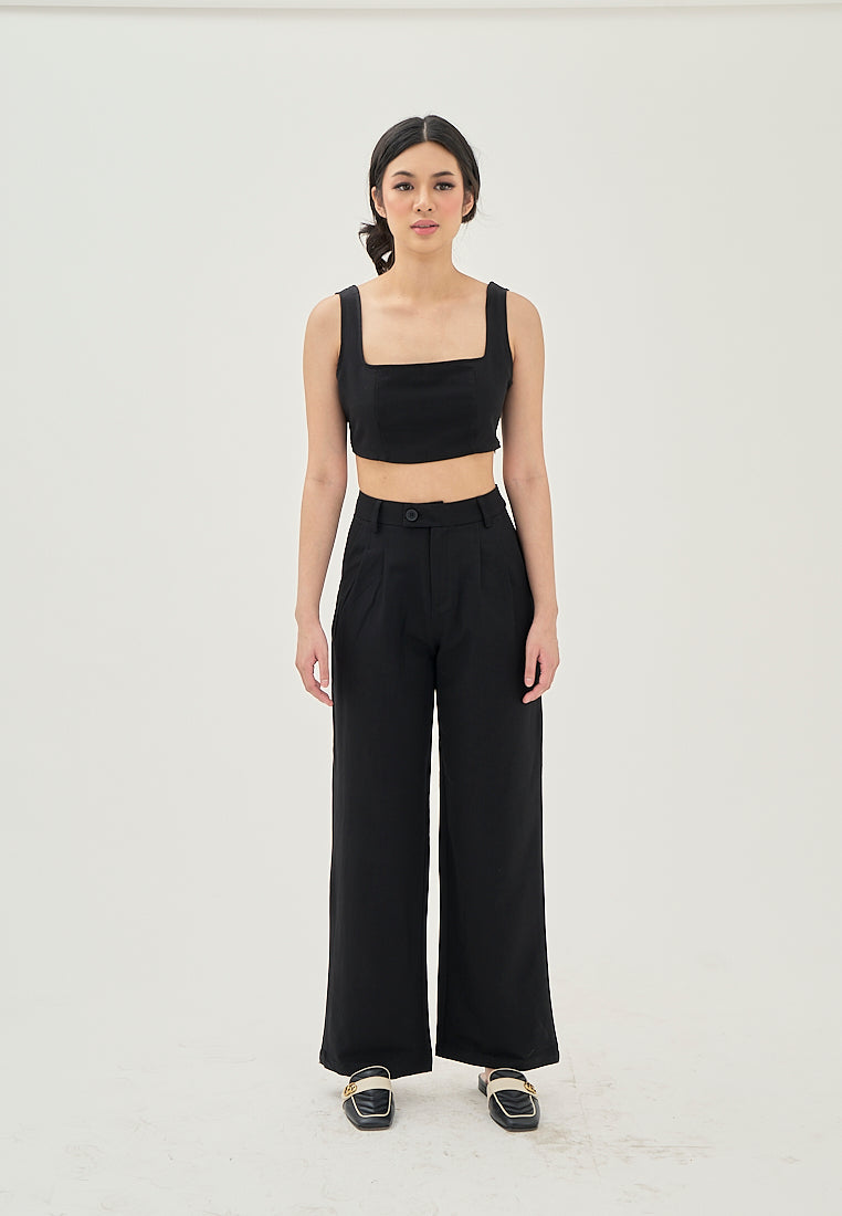 Albern Black Square Neckline Sleeveless Crop Top and Zipper Fly Straight Cut Trouser Pants Set