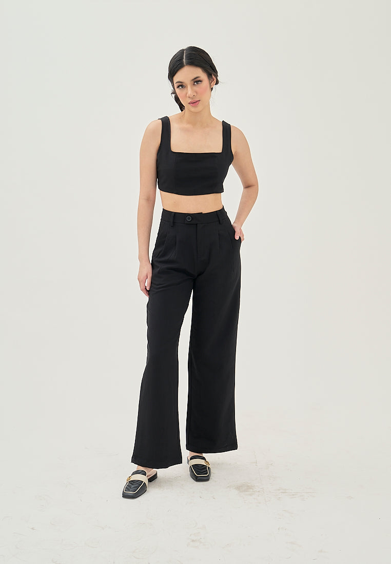 Albern Black Square Neckline Sleeveless Crop Top and Zipper Fly Straight Cut Trouser Pants Set