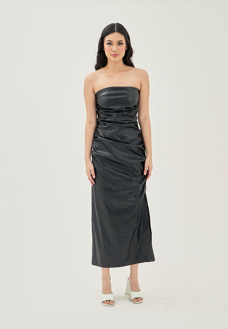 Erian Black Pleated Sides with Zipper Tube Midi Dress