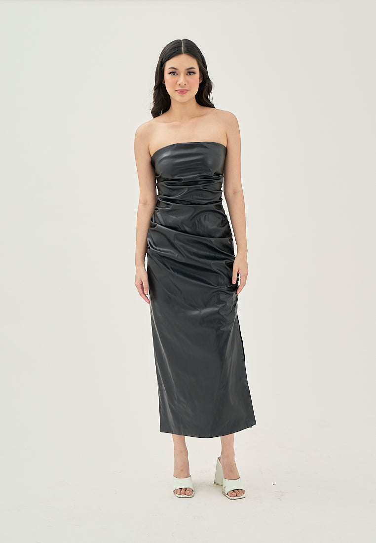 Erian Black Pleated Sides with Zipper Tube Midi Dress