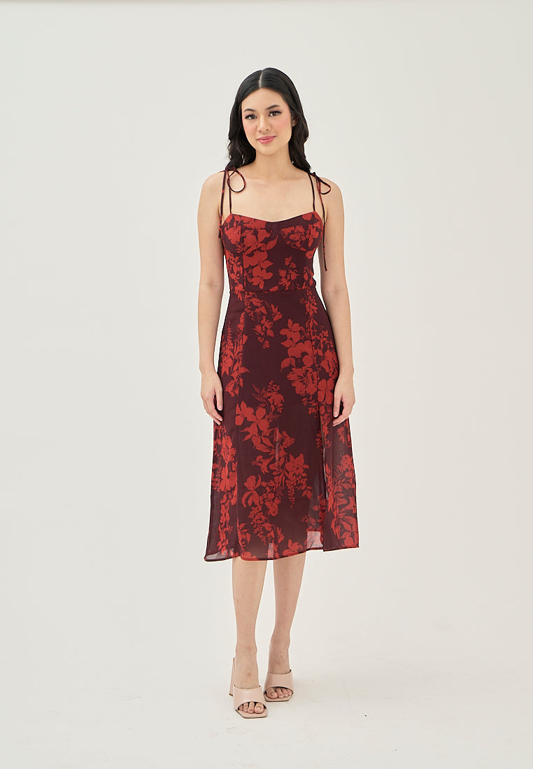 Armelle Wine Red Floral All Over Print Shaped Bust Sleeveless Self Tie Side Slit Midi Dress