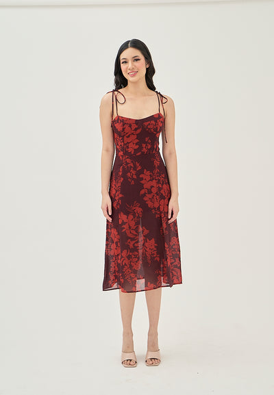 Armelle Wine Red Floral All Over Print Shaped Bust Sleeveless Self Tie Side Slit Midi Dress