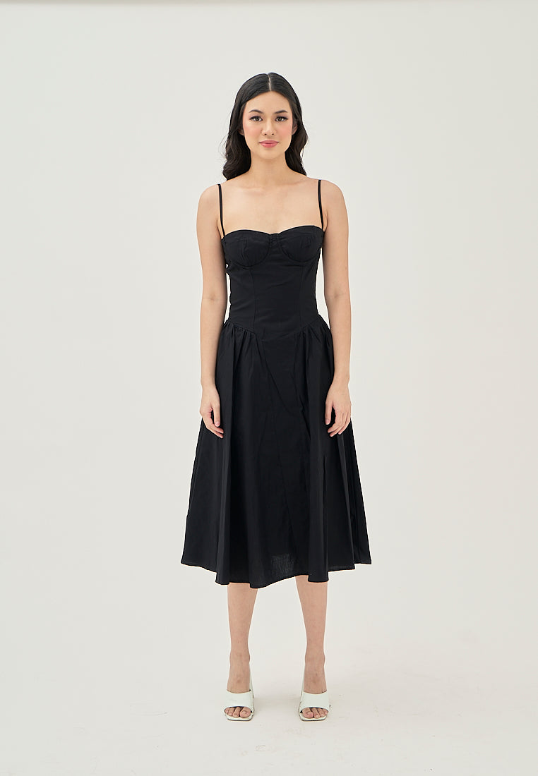 Hiraya Black Sweetheart Neckline Shaped Bust Back Zipper Pleated Skirt Sleeveless Midi Dress