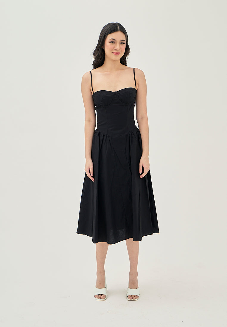 Hiraya Black Sweetheart Neckline Shaped Bust Back Zipper Pleated Skirt Sleeveless Midi Dress