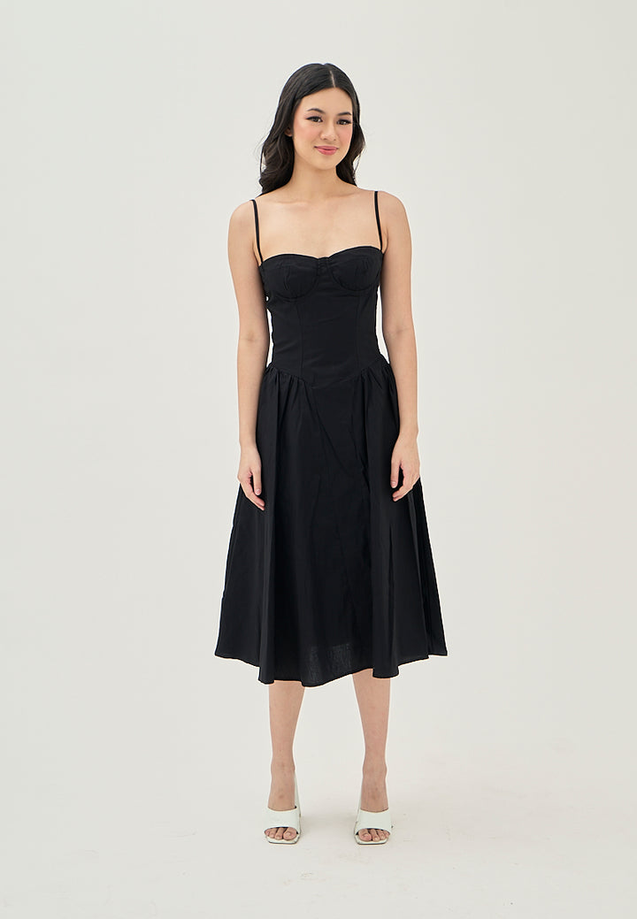 Hiraya Black Sweetheart Neckline Shaped Bust Back Zipper Pleated Skirt Sleeveless Midi Dress