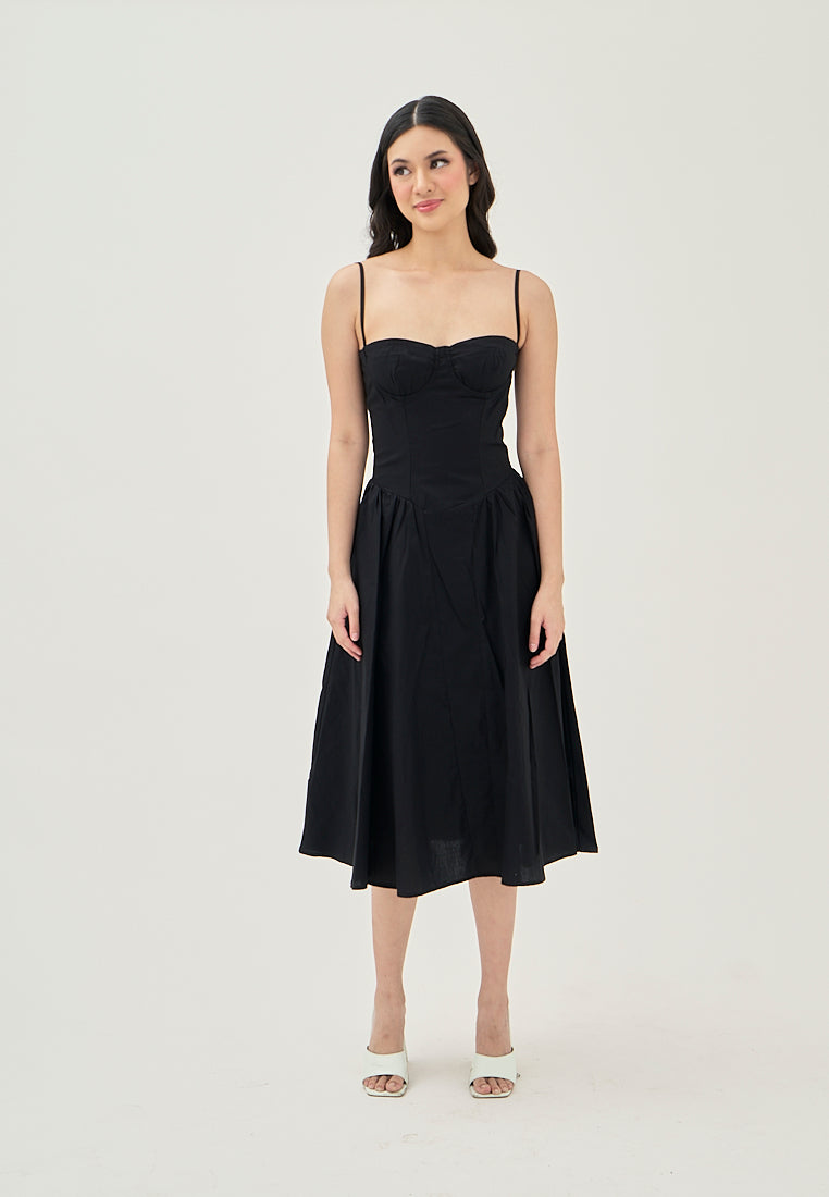 Hiraya Black Sweetheart Neckline Shaped Bust Back Zipper Pleated Skirt Sleeveless Midi Dress