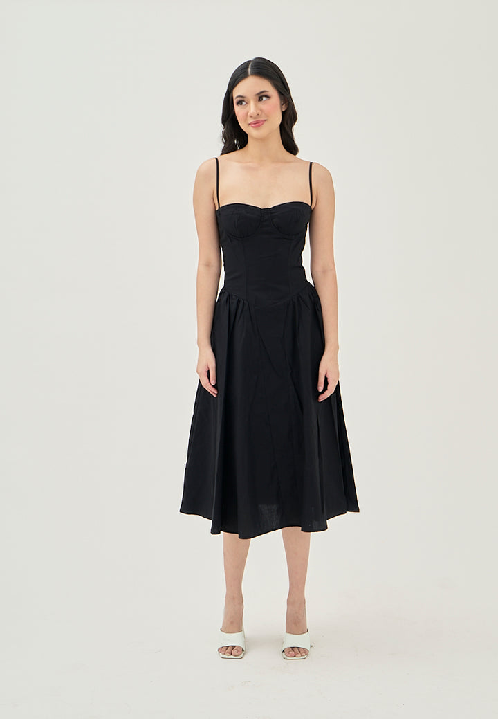 Hiraya Black Sweetheart Neckline Shaped Bust Back Zipper Pleated Skirt Sleeveless Midi Dress