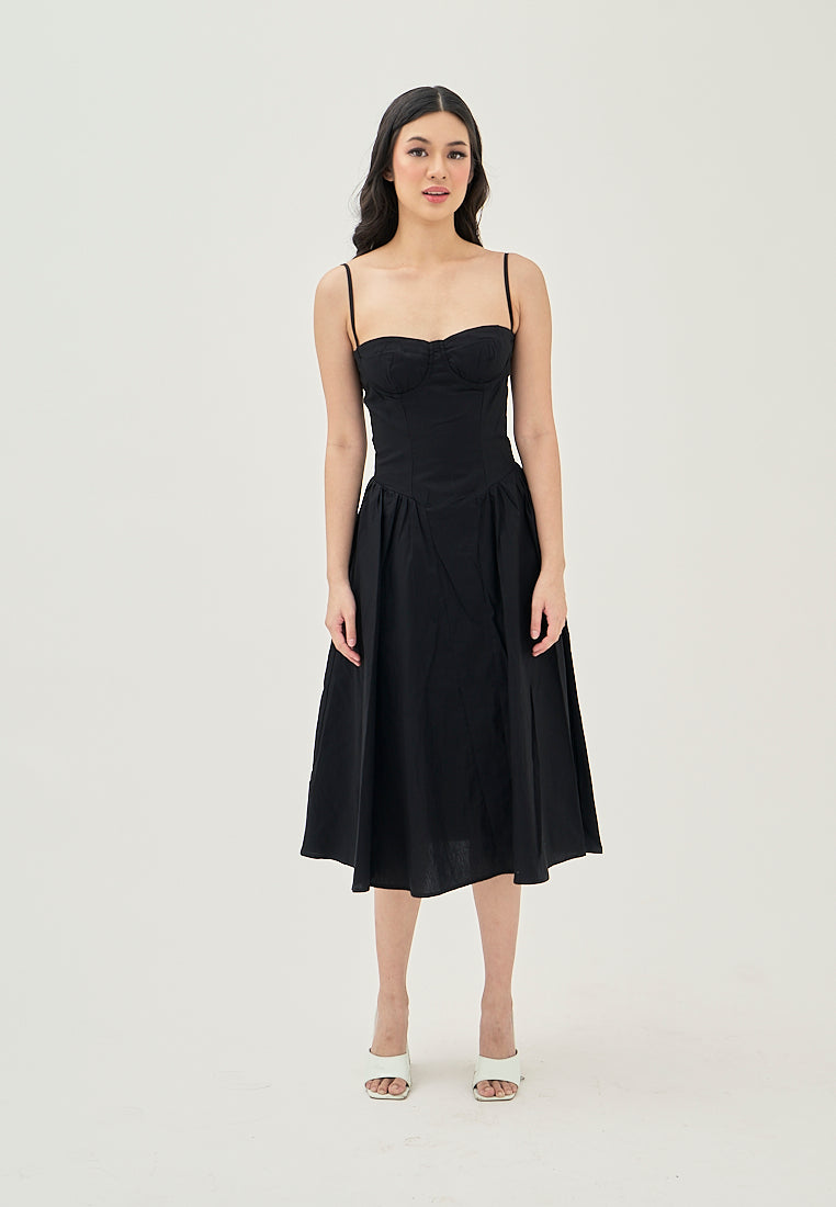 Hiraya Black Sweetheart Neckline Shaped Bust Back Zipper Pleated Skirt Sleeveless Midi Dress