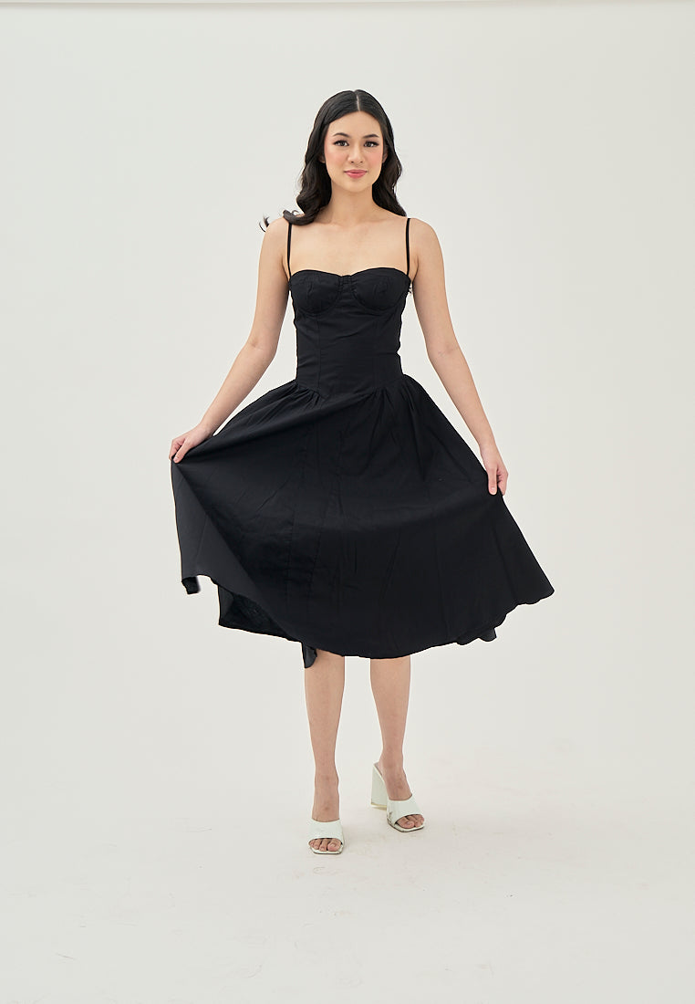 Hiraya Black Sweetheart Neckline Shaped Bust Back Zipper Pleated Skirt Sleeveless Midi Dress