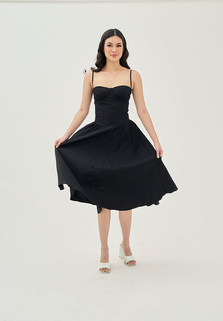 Hiraya Black Sweetheart Neckline Shaped Bust Back Zipper Pleated Skirt Sleeveless Midi Dress