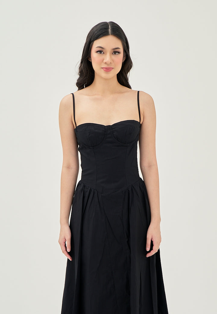 Hiraya Black Sweetheart Neckline Shaped Bust Back Zipper Pleated Skirt Sleeveless Midi Dress