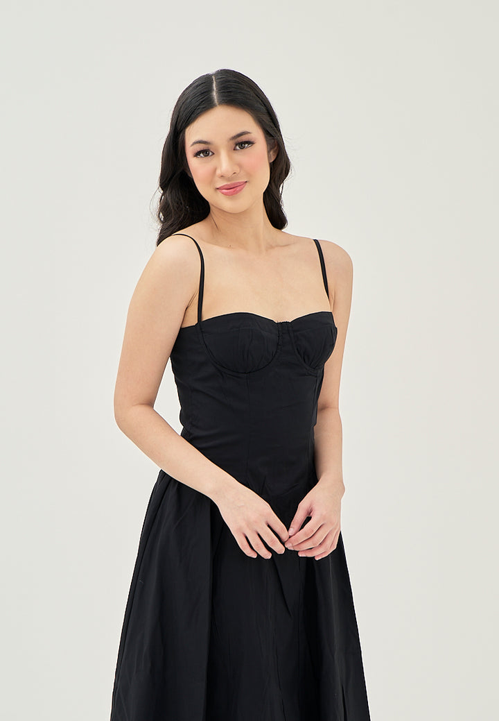 Hiraya Black Sweetheart Neckline Shaped Bust Back Zipper Pleated Skirt Sleeveless Midi Dress