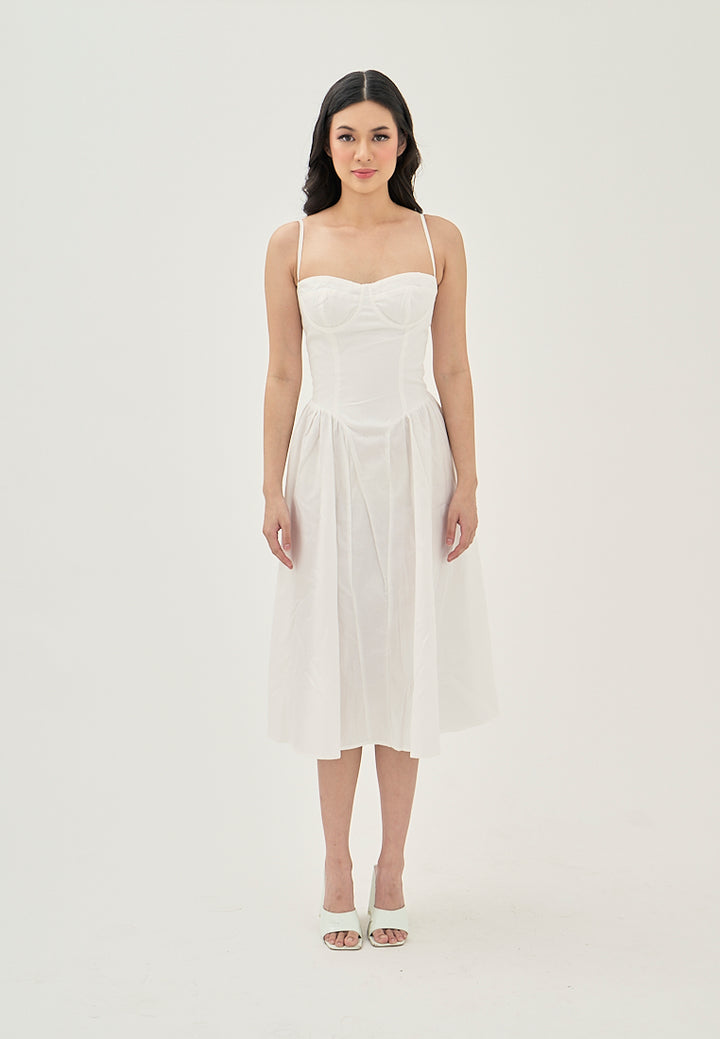Hiraya  White Sweetheart Neckline Shaped Bust Back Zipper Pleated Skirt Sleeveless Midi Dress