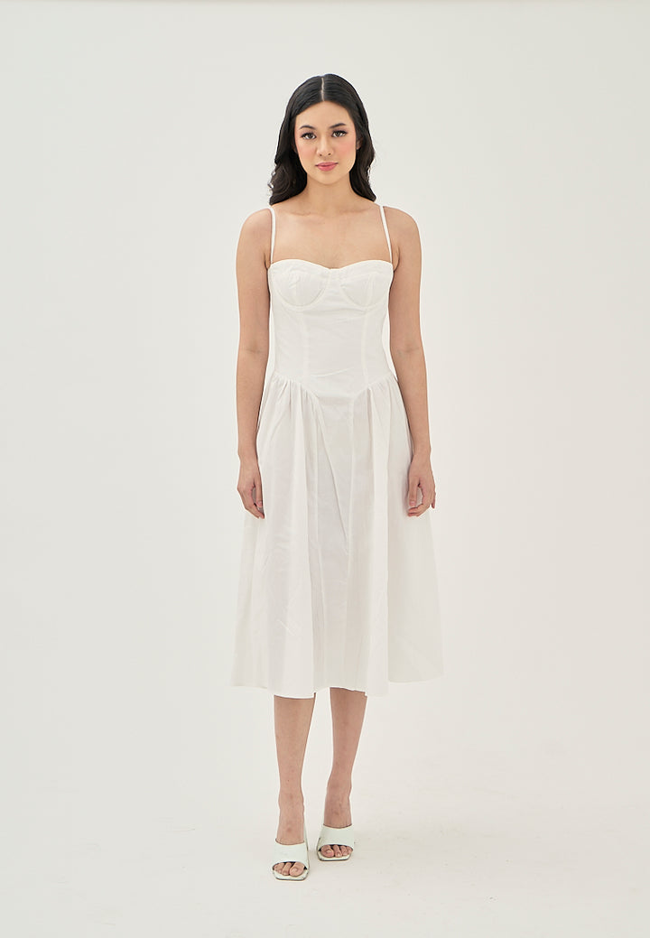Hiraya  White Sweetheart Neckline Shaped Bust Back Zipper Pleated Skirt Sleeveless Midi Dress