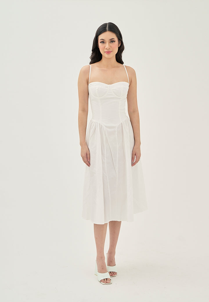 Hiraya  White Sweetheart Neckline Shaped Bust Back Zipper Pleated Skirt Sleeveless Midi Dress
