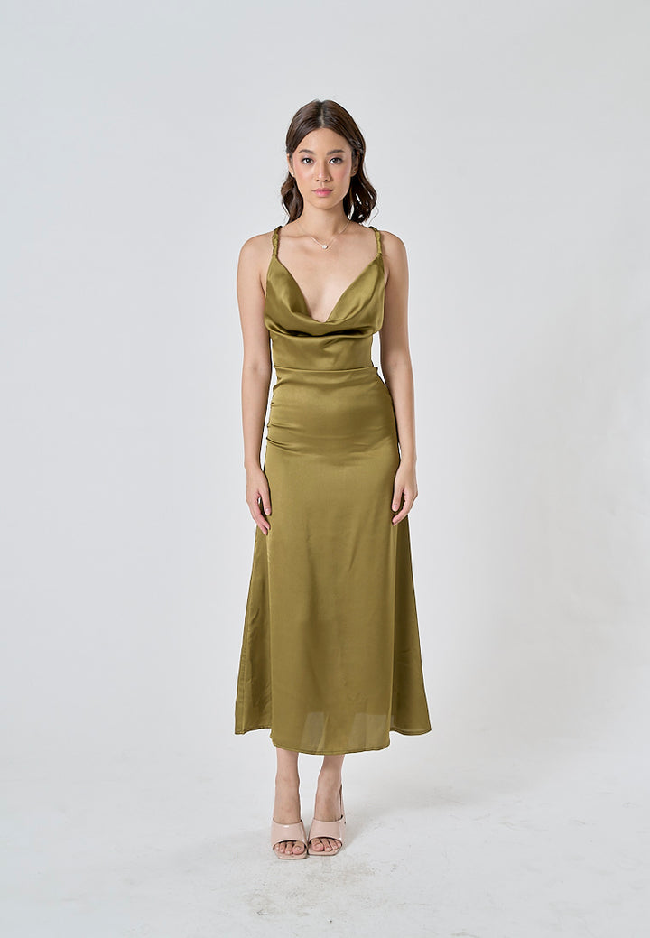 Odelia Green Satin Cowl Neckline Hollow Out Criss Cross Back Sleeveless Midi Dress