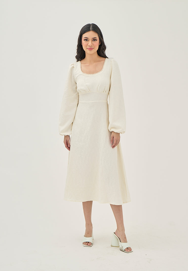 Primrose Beige Texture Beaded Crew Neckline Back Zipper Long Sleeve Mini Dress
