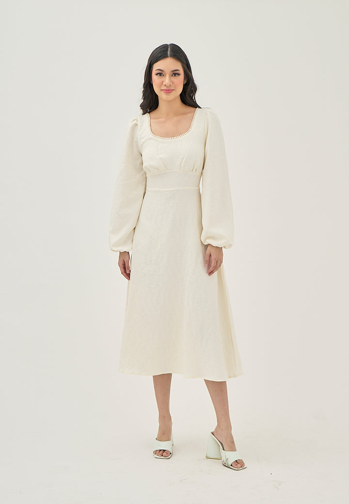 Primrose Beige Texture Beaded Crew Neckline Back Zipper Long Sleeve Mini Dress