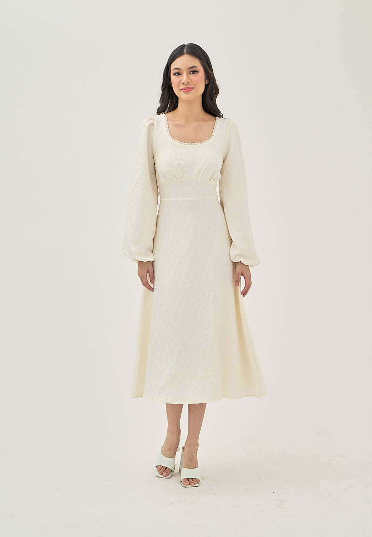 Primrose Beige Texture Beaded Crew Neckline Back Zipper Long Sleeve Mini Dress