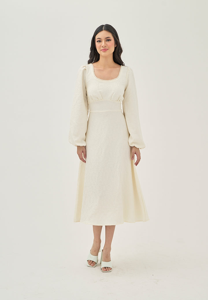 Primrose Beige Texture Beaded Crew Neckline Back Zipper Long Sleeve Mini Dress