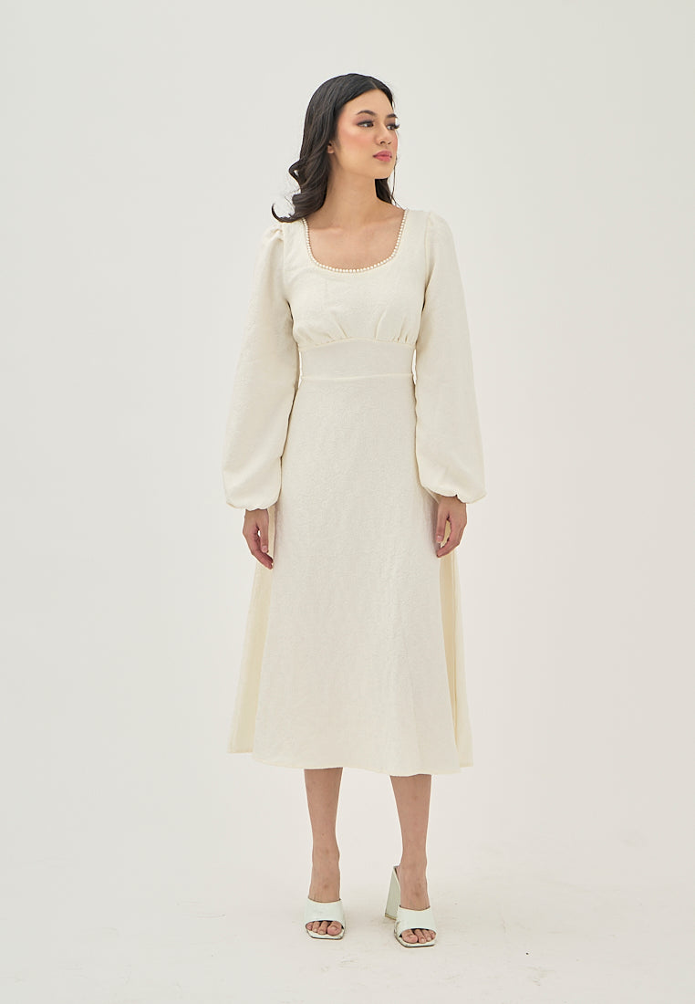 Primrose Beige Texture Beaded Crew Neckline Back Zipper Long Sleeve Mini Dress