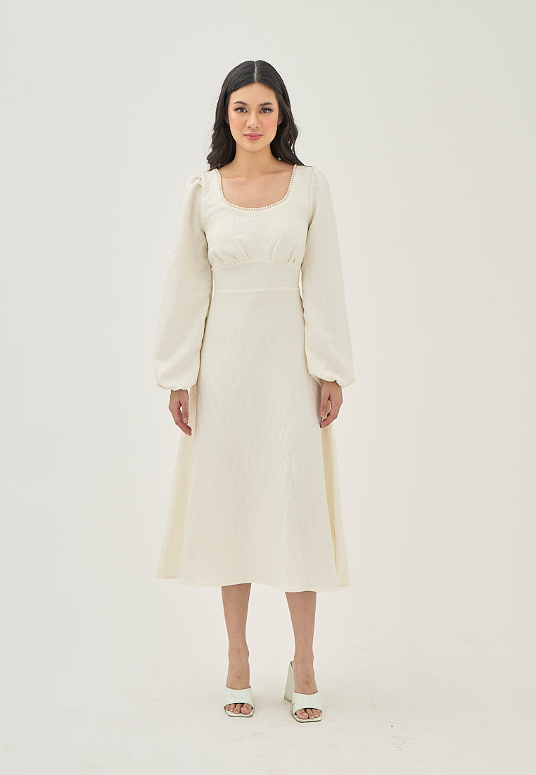 Primrose Beige Texture Beaded Crew Neckline Back Zipper Long Sleeve Mini Dress