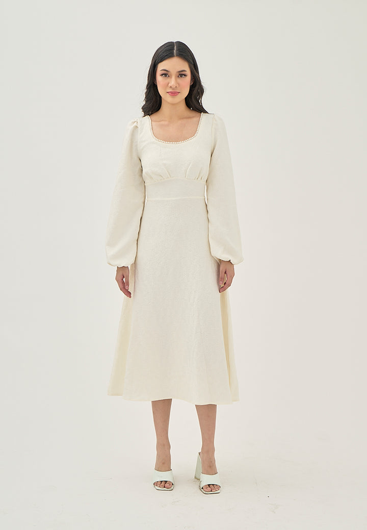 Primrose Beige Texture Beaded Crew Neckline Back Zipper Long Sleeve Mini Dress