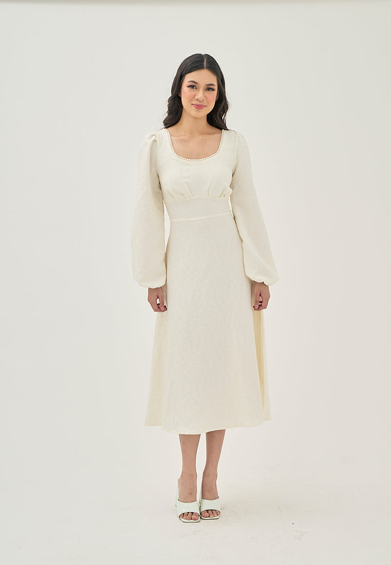 Primrose Beige Texture Beaded Crew Neckline Back Zipper Long Sleeve Mini Dress
