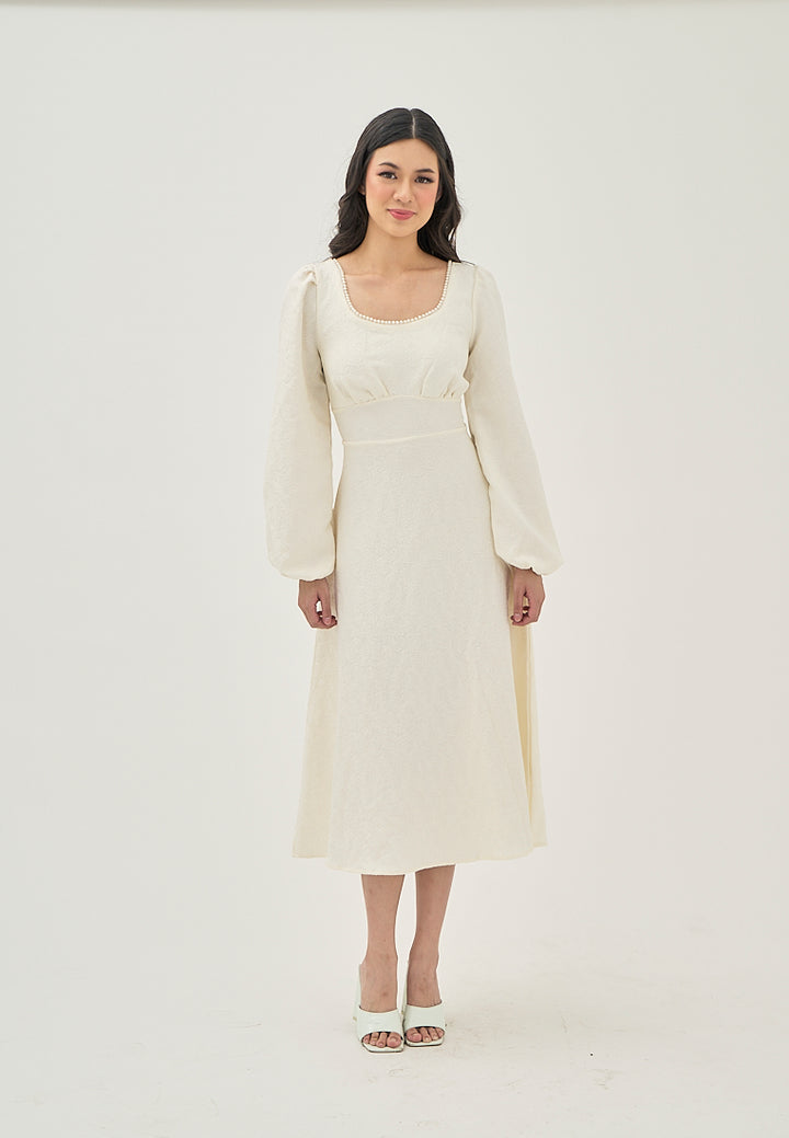 Primrose Beige Texture Beaded Crew Neckline Back Zipper Long Sleeve Mini Dress