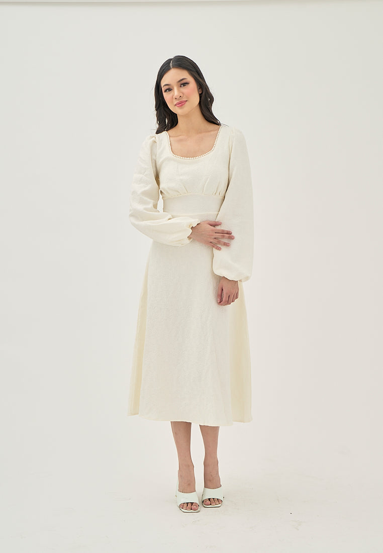 Primrose Beige Texture Beaded Crew Neckline Back Zipper Long Sleeve Mini Dress