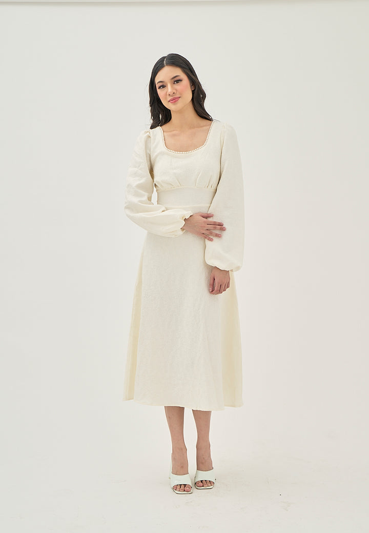 Primrose Beige Texture Beaded Crew Neckline Back Zipper Long Sleeve Mini Dress