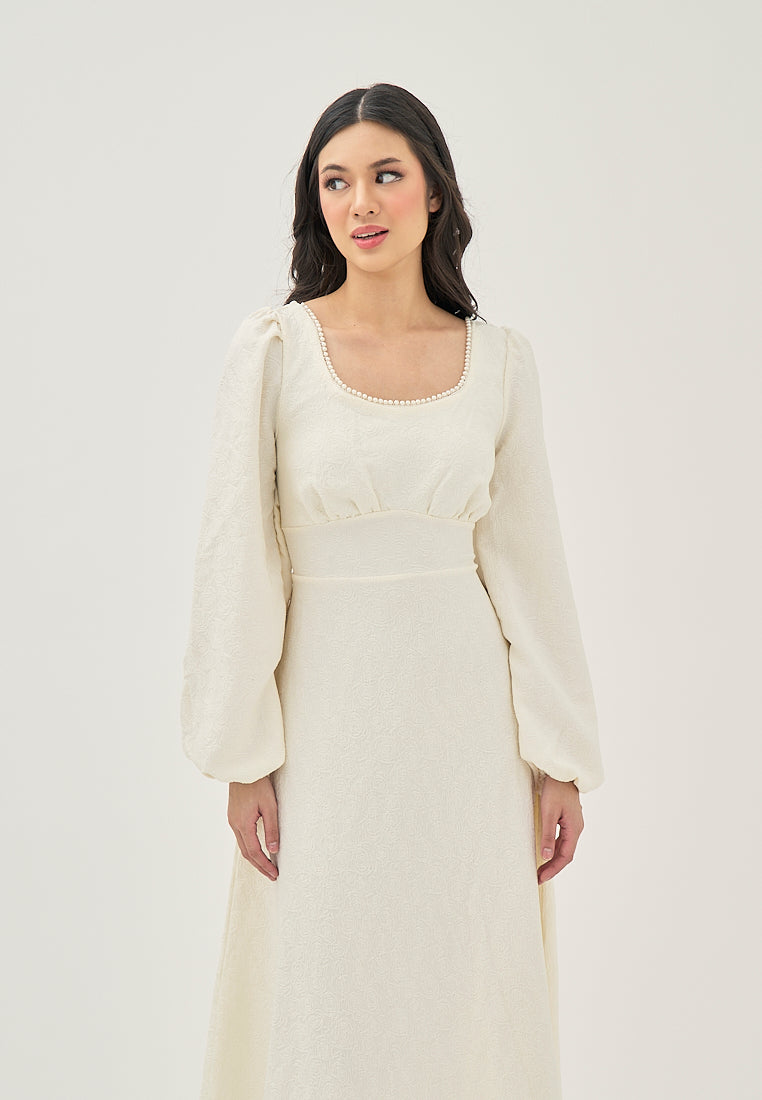 Primrose Beige Texture Beaded Crew Neckline Back Zipper Long Sleeve Mini Dress
