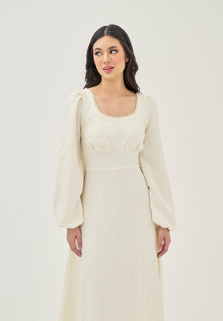 Primrose Beige Texture Beaded Crew Neckline Back Zipper Long Sleeve Mini Dress