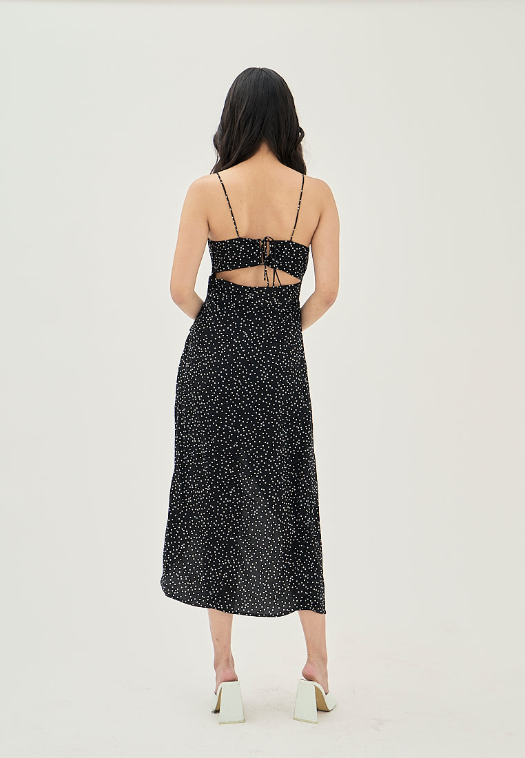 Zinnia Black Polka Dot Print Ruched Bust Front Slit Sleeveless Midi Dress