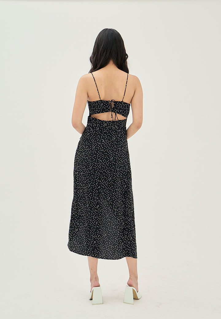 Zinnia Black Polka Dot Print Ruched Bust Front Slit Sleeveless Midi Dress