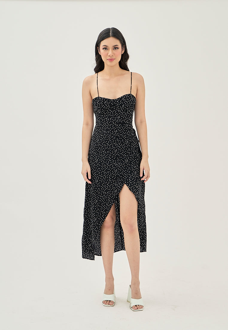 Zinnia Black Polka Dot Print Ruched Bust Front Slit Sleeveless Midi Dress