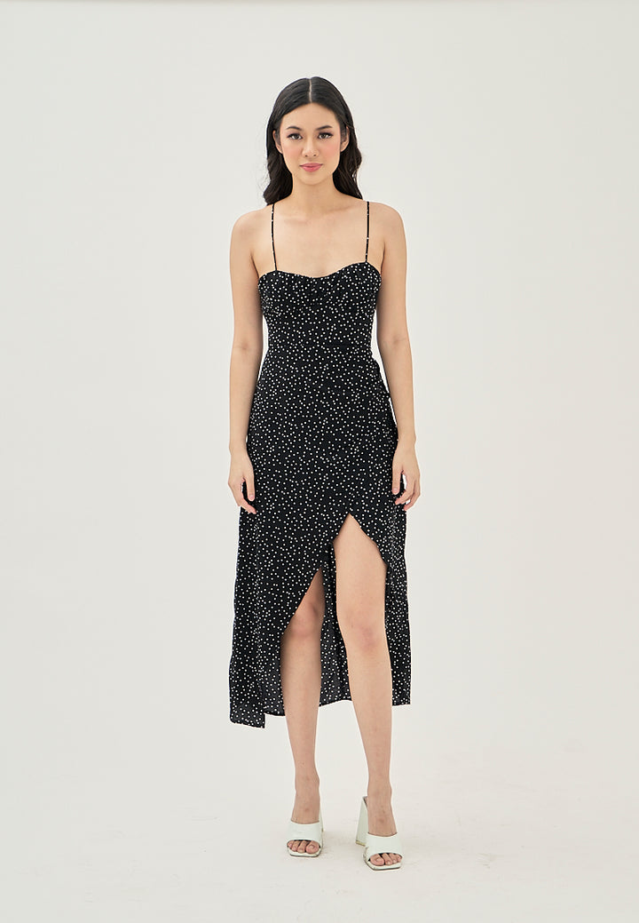 Zinnia Black Polka Dot Print Ruched Bust Front Slit Sleeveless Midi Dress