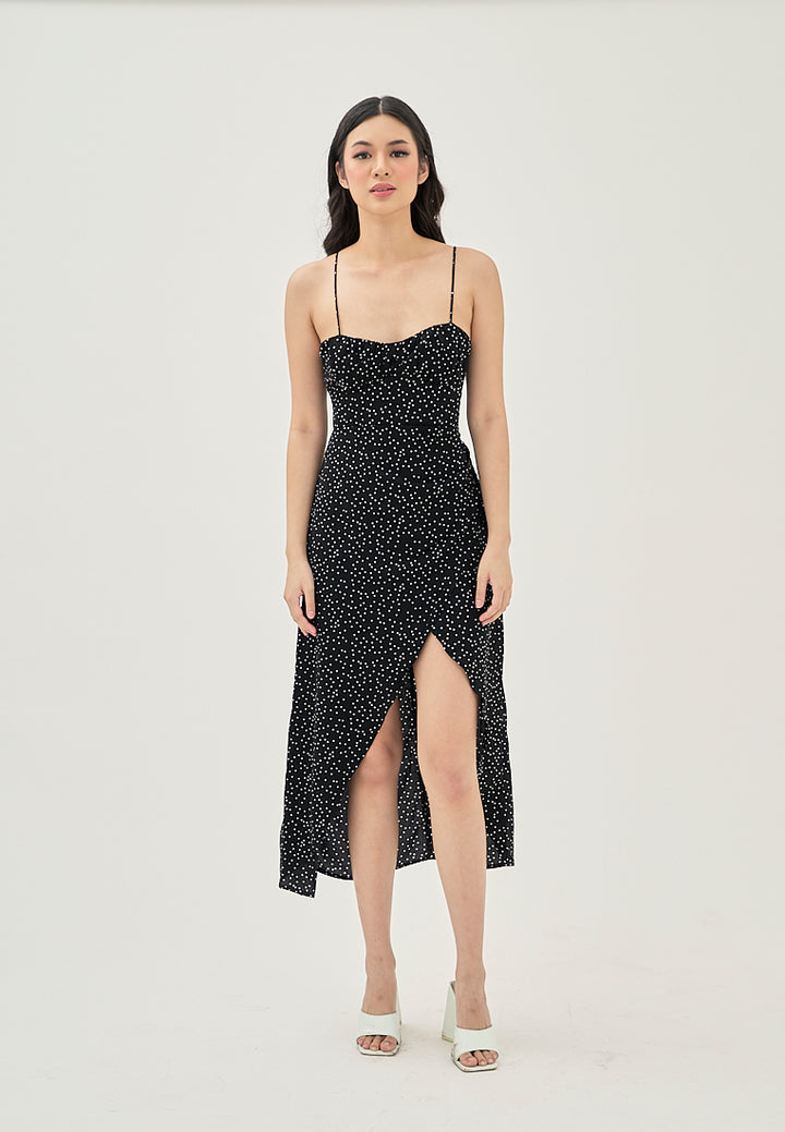 Zinnia Black Polka Dot Print Ruched Bust Front Slit Sleeveless Midi Dress