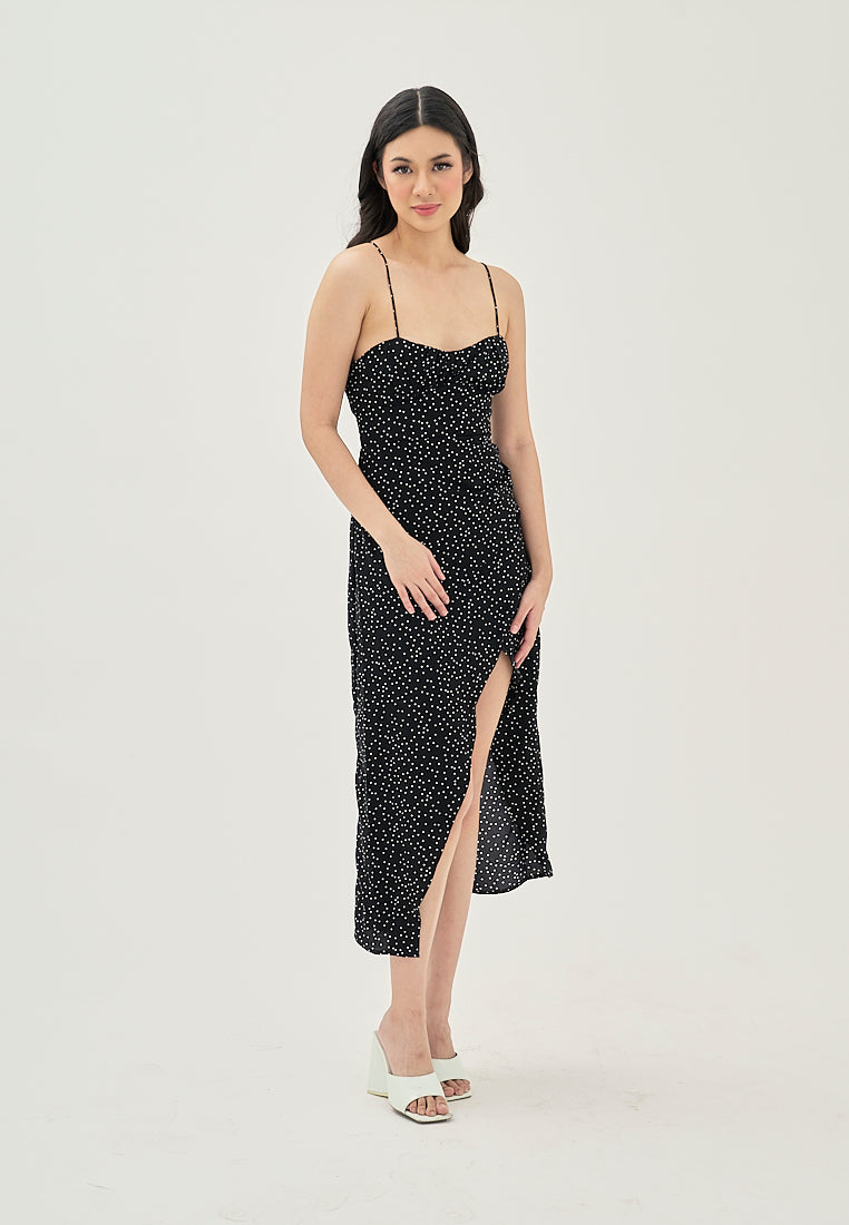 Zinnia Black Polka Dot Print Ruched Bust Front Slit Sleeveless Midi Dress